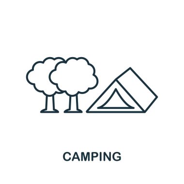 Kamp anahat simgesi. Turizm simgeleri koleksiyonundan ince çizgi kavramı öğesi. Mobil uygulamalar ve web kullanımı için Yaratıcı Kamp simgesi