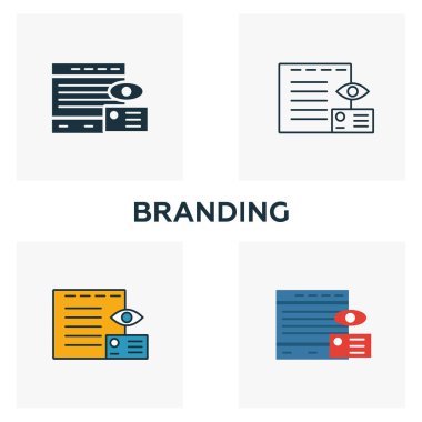 Marka simgesi seti. Reklam simgeleri koleksiyonundan farklı stillerde dört element. Yaratıcı marka simgeleri doldurulmuş, ana hatlar, renkli ve düz semboller