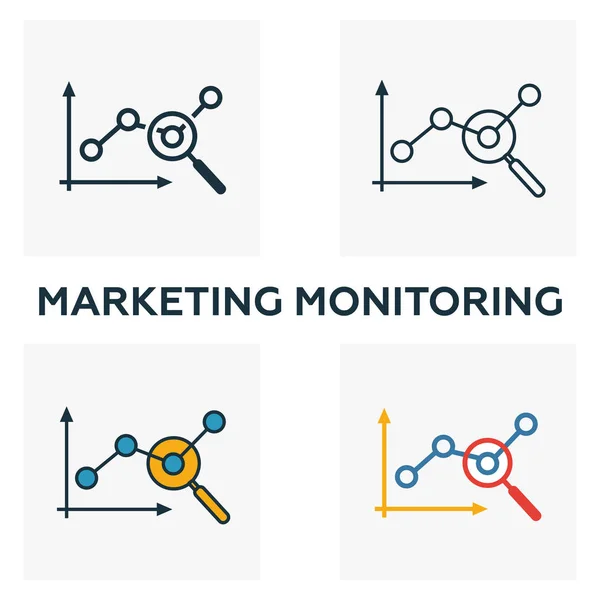 Conjunto de ícones de monitoramento de marketing. Quatro elementos em estilos diferentes da coleção de ícones de publicidade. Ícones de monitoramento de marketing criativo preenchidos, esboço, símbolos coloridos e planos —  Vetores de Stock