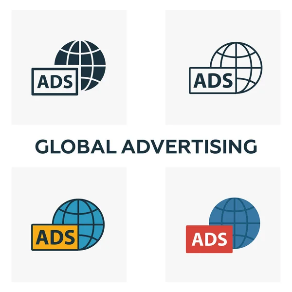 Conjunto de ícones de publicidade global. Quatro elementos em estilos diferentes da coleção de ícones de publicidade. Ícones publicitários globais criativos preenchidos, esboço, símbolos coloridos e planos — Vetor de Stock