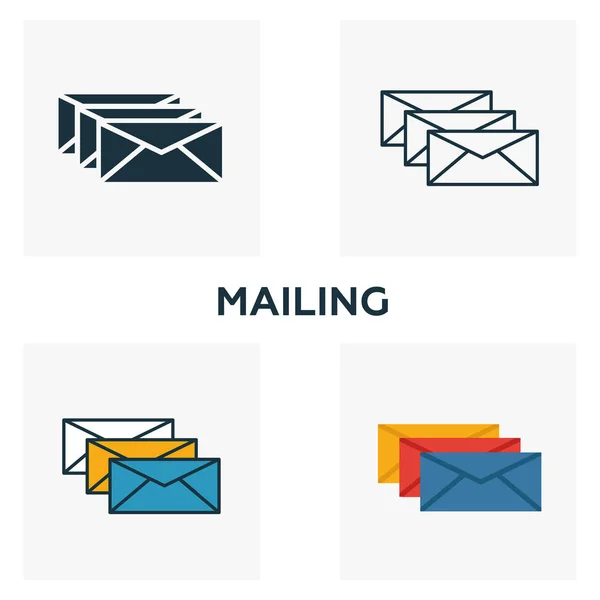 Conjunto de iconos de correo. Cuatro elementos en estilos diferentes de la colección de iconos publicitarios. Iconos de correo creativo rellenos, contorno, símbolos de colores y planos — Vector de stock