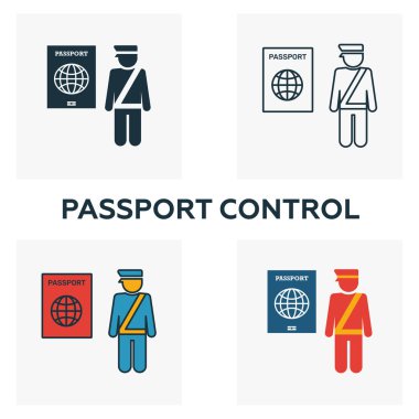 Pasaport kontrol simgesi ayarlandı. Havaalanı ikonları koleksiyonundan farklı stillerde dört element. Yaratıcı pasaport kontrol simgeleri doldurulmuş, ana hatlar, renkli ve düz semboller