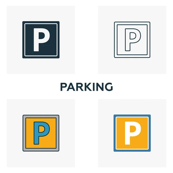 Ensemble d'icône de stationnement. Quatre éléments dans des styles différents de la collection d'icônes de l'aéroport. icônes de stationnement créatifs remplis, contour, symboles colorés et plats — Image vectorielle