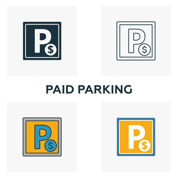 Ensemble d'icônes de stationnement payant. Quatre éléments dans des styles différents de la collection d'icônes de l'aéroport. Icônes de stationnement payantes créatives remplies, contour, symboles colorés et plats — Image vectorielle