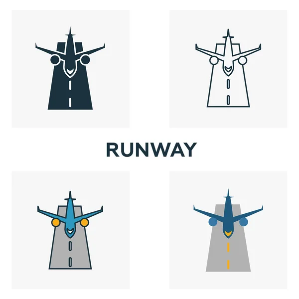 Набір піктограм злітно-посадкової смуги. Чотири елементи в різних стилях з колекції іконок аеропорту. Креативні піктограми злітно-посадкової смуги заповнені, контурні, кольорові та плоскі символи — стоковий вектор