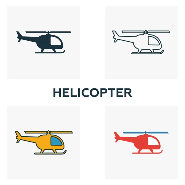 Conjunto de ícones de helicóptero. Quatro elementos em estilos diferentes da coleção de ícones do aeroporto. Ícones de helicóptero criativos preenchidos, esboço, símbolos coloridos e planos — Vetor de Stock