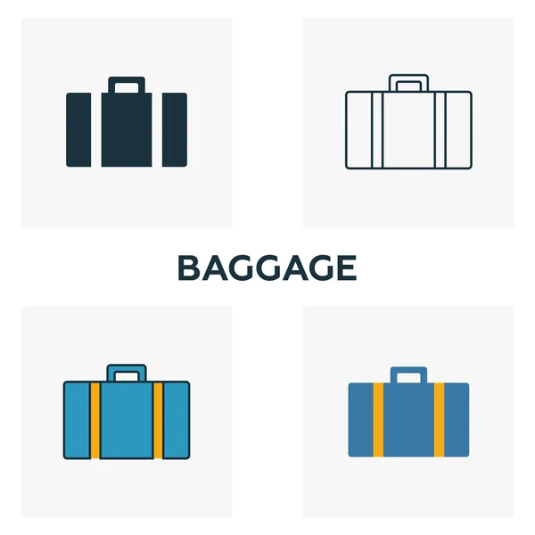 Ensemble d'icônes bagages. Quatre éléments dans des styles différents de la collection d'icônes de l'aéroport. Icônes de bagages créatives remplies, contour, symboles colorés et plats — Image vectorielle