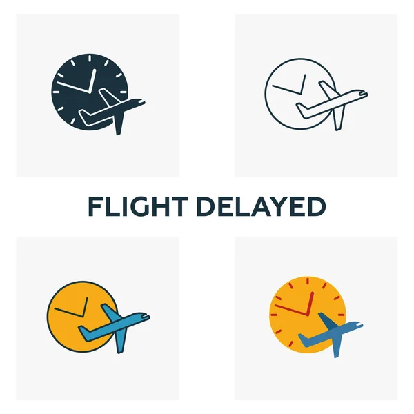 Ορισμός εικονιδίου καθυστέρησης πτήσης. Τέσσερα στοιχεία σε διαφορετικά στυλ από τη συλλογή εικόνων αεροδρομίου. Δημιουργική πτήση καθυστερημένα εικονίδια γεμισμένα, περίγραμμα, χρωματιστά και επίπεδα σύμβολα — Διανυσματικό Αρχείο
