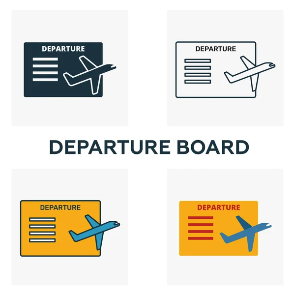 Набор значков "Departure Board". Четыре элемента в разных стилях из коллекции икон аэропортов. Креативная панель отправления иконки заполнены, контур, цветные и плоские символы — стоковый вектор