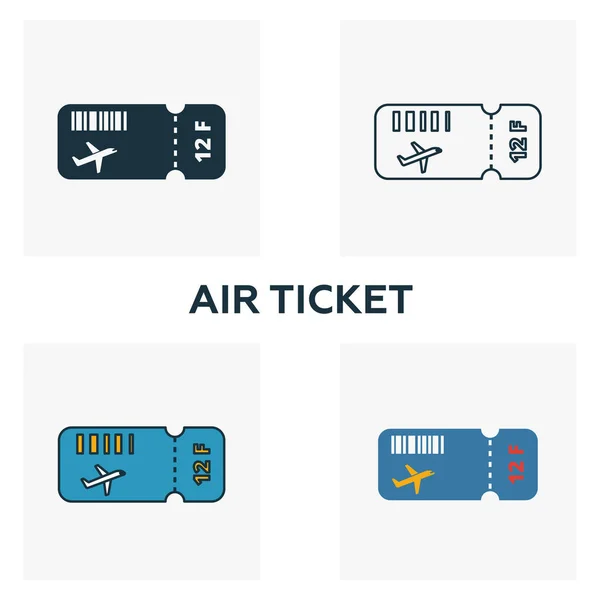 Ensemble icône de billet d'avion. Quatre éléments dans des styles différents de la collection d'icônes de l'aéroport. Icônes de billets d'avion créatifs remplis, contour, symboles colorés et plats — Image vectorielle