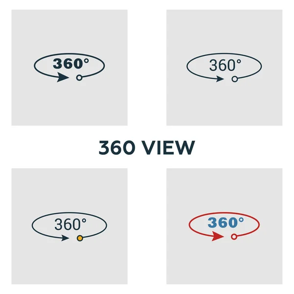 Σύνολο εικονιδίων 360 View. Τέσσερα στοιχεία σε διαφορετικά στυλ από τη συλλογή εικόνων οπτικής συσκευής. Δημιουργική 360 εικόνες άποψη γεμάτη, περίγραμμα, χρωματιστά και επίπεδα σύμβολα — Διανυσματικό Αρχείο
