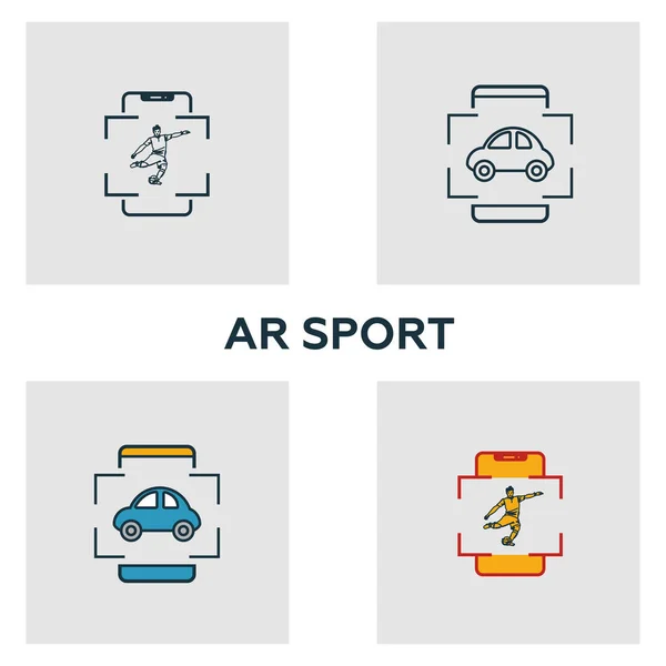 拡張現実スポーツのアイコンセット。ビジュアルデバイスアイコンコレクションとは異なるスタイルの4つの要素。クリエイティブ拡張現実スポーツのアイコンがいっぱい、アウトライン、色とフラットシンボル — ストックベクタ