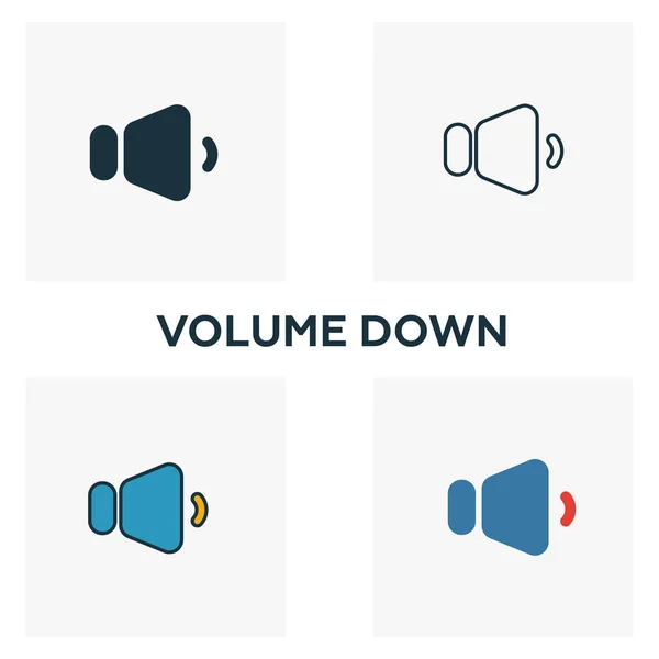 Conjunto de iconos Volume Down. Cuatro elementos en estilos diferentes de la colección de iconos de botones de audio. Volumen creativo abajo iconos llenos, contorno, símbolos de colores y planos — Vector de stock