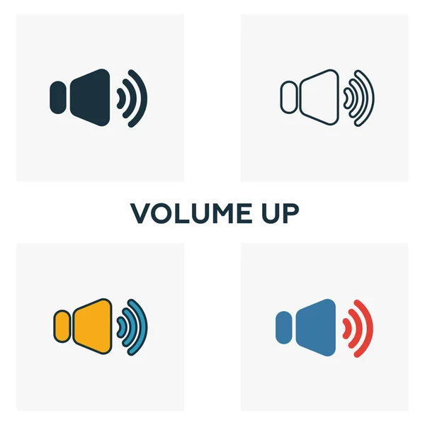 Set di icone Volume Up. Quattro elementi in stili diversi dalla collezione di icone con pulsanti audio. Volume creativo fino icone riempite, contorno, simboli colorati e piatti — Vettoriale Stock