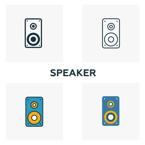 Speaker icon set. Four elements in diferent styles from audio buttons icons collection. Creative speaker icons filled, outline, colored and flat symbols — Stock Vector