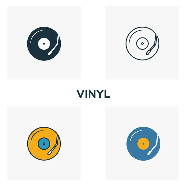 Set de iconos de vinilo. Cuatro elementos en estilos diferentes de la colección de iconos de botones de audio. Iconos de vinilo creativos rellenos, contorno, símbolos de colores y planos — Vector de stock