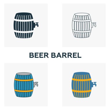 Bira fıçısı ikonu seti. Bar ve restoran ikonları koleksiyonundan farklı stillerde dört element. Yaratıcı bira fıçısı simgeleri doldurulmuş, ana hatları çizilmiş, renkli ve düz semboller