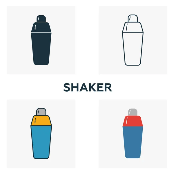 Shaker-Symbol gesetzt. vier Elemente in unterschiedlichen Stilen aus der Sammlung von Bar- und Restaurantsymbolen. Kreative Shaker-Symbole gefüllt, Umrisse, farbige und flache Symbole — Stockvektor