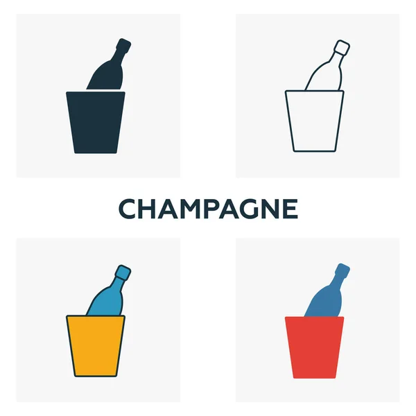 Zestaw ikon szampana. Cztery elementy w różnych stylach z kolekcji ikon barów i restauracji. Kreatywne ikony szampana wypełnione, zarys, kolorowe i płaskie symbole — Wektor stockowy