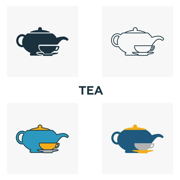 Conjunto de ícones de chá. Quatro elementos em diferentes estilos de bar e restaurante coleção de ícones. Ícones de chá criativos preenchidos, esboço, símbolos coloridos e planos — Vetor de Stock