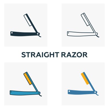 Düz Ustura simgesi seti. Berber dükkanının ikon koleksiyonundan farklı stillerde dört element. Yaratıcı düz jilet simgeleri doldurulmuş, ana hatları çizilmiş, renkli ve düz semboller