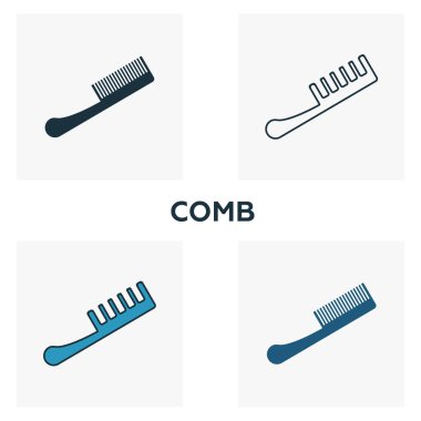 Tarama simgesi ayarlandı. Berber dükkanının ikon koleksiyonundan farklı stillerde dört element. Yaratıcı tarak simgeleri doldurulmuş, ana hatlar, renkli ve düz semboller