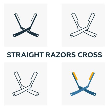 Razors Cross simgesi seti. Berber dükkanının ikon koleksiyonundan farklı stillerde dört element. Yaratıcı düz jiletler simgeleri doldurur, dış hatları çizer, renklendirir ve düz semboller çizer