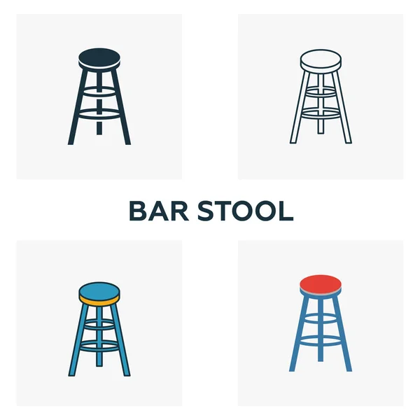 Barkruk pictogram set. Vier elementen in verschillende stijlen van bar en restaurant iconen collectie. Creatieve barkruk pictogrammen gevuld, omtrek, gekleurde en platte symbolen — Stockvector