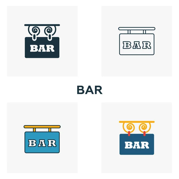 Ensemble d'icônes Bar Sign. Quatre éléments dans des styles différents de bar et restaurant icônes collection. icônes de signe de barre créative remplies, contour, symboles colorés et plats — Image vectorielle