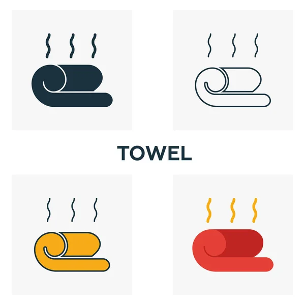 Zestaw ikon ręczników. Cztery elementy w różnych stylach z kolekcji ikon sklepu fryzjerskiego. Kreatywne ikony ręcznika wypełnione, zarys, kolorowe i płaskie symbole — Wektor stockowy