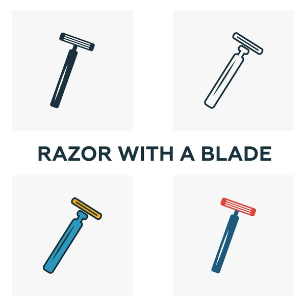 Razor With A Blade icon set. Four elements in diferent styles from barber shop icons collection. Creative razor with a blade icons filled, outline, colored and flat symbols — Stock Vector