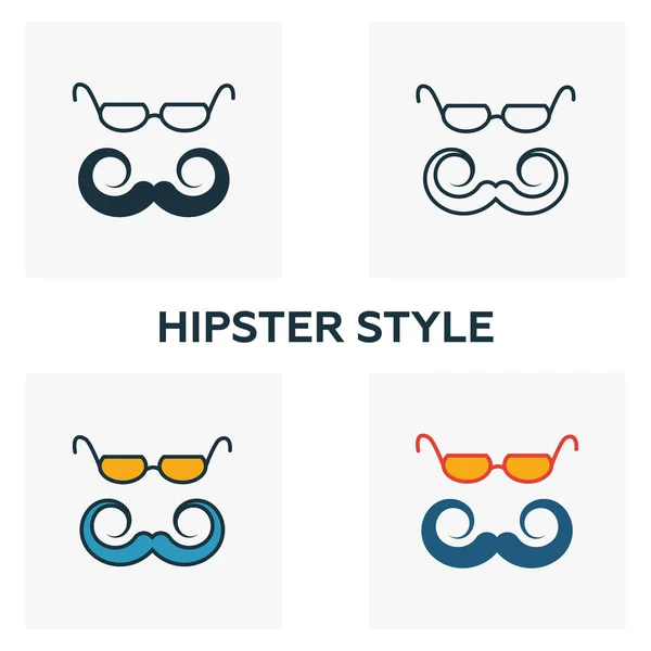 Hipster Style conjunto de iconos. Cuatro elementos en estilos diferentes de la colección de iconos de peluquería. Iconos de estilo hipster creativos rellenos, contorno, símbolos de colores y planos — Archivo Imágenes Vectoriales