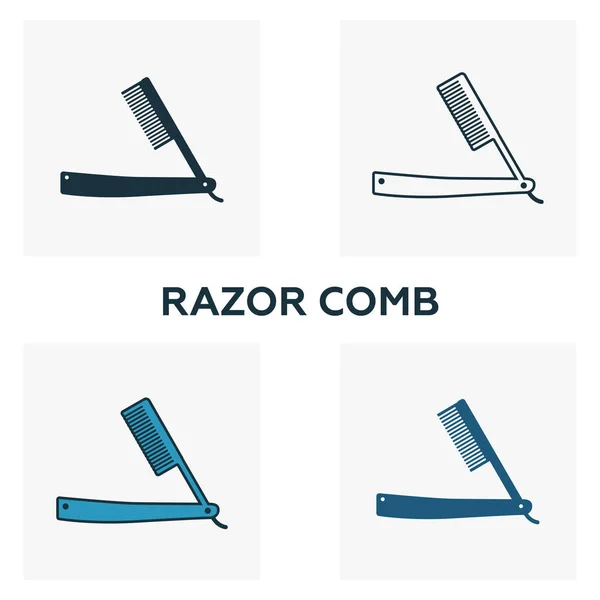 Razor Comb icon set. Four elements in diferent styles from barber shop icons collection. Creative razor comb icons filled, outline, colored and flat symbols — Stock Vector