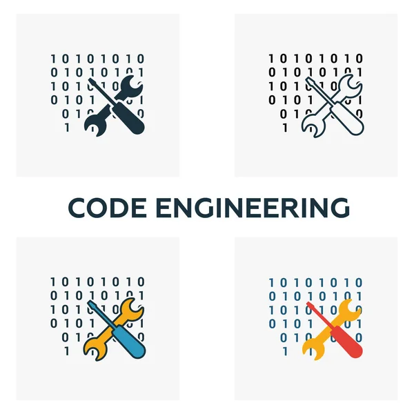 Conjunto de iconos de ingeniería de código. Cuatro elementos en estilos diferentes de la colección de iconos de big data. Iconos de ingeniería de código creativo rellenos, contorno, símbolos de colores y planos — Archivo Imágenes Vectoriales