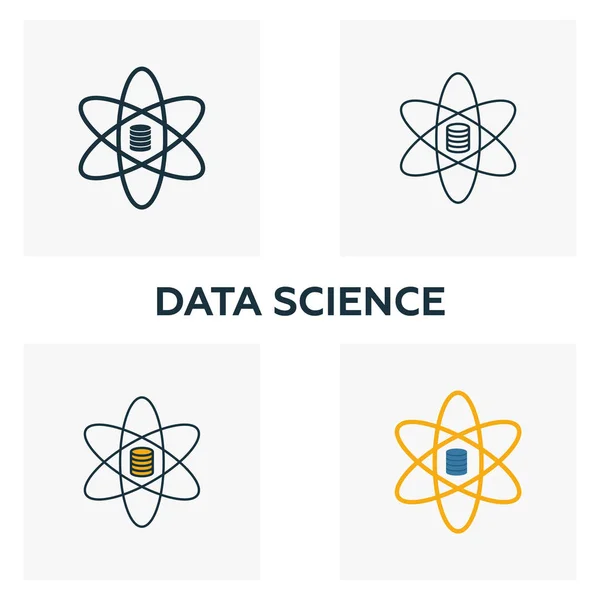 Conjunto de ícones da Ciência de Dados. Quatro elementos em estilos diferentes da coleção de ícones de big data. Ícones criativos de ciência de dados preenchidos, esboço, símbolos coloridos e planos — Vetor de Stock