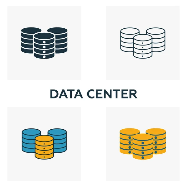 Conjunto de ícones do Data Center. Quatro elementos em estilos diferentes da coleção de ícones de big data. Ícones de data center criativos preenchidos, esboço, símbolos coloridos e planos — Vetor de Stock