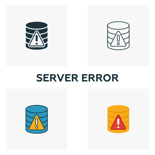Zestaw ikon błędów serwera. Cztery elementy w różnych stylach od ikon dużych zbiorów danych. Ikony błędów serwera kreatywnego wypełnione, zarys, kolorowe i płaskie symbole — Wektor stockowy