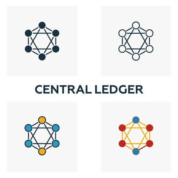 Set de pictograme Central Ledger. Patru elemente în stiluri diferite de colecția de icoane blockchain. Pictogramele registrului central creativ umplute, conturate, simboluri colorate și plate — Vector de stoc