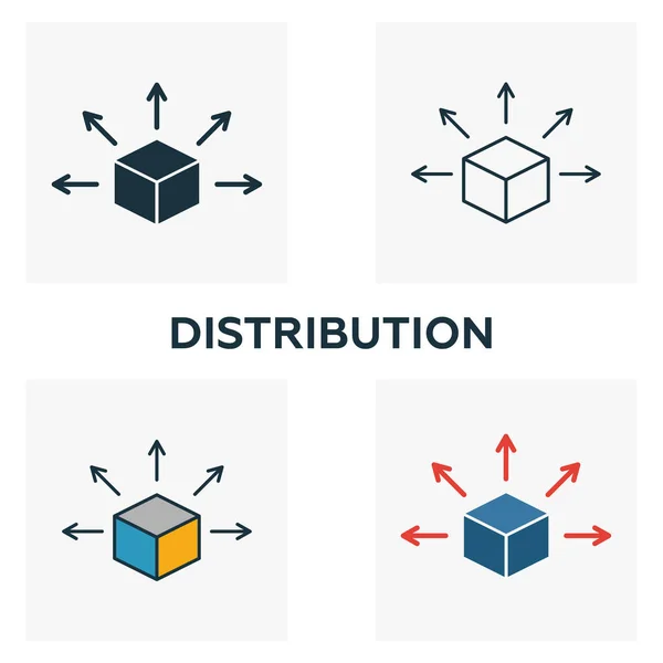 Juego de iconos de distribución. Cuatro elementos en estilos diferentes de la colección de iconos blockchain. Iconos de distribución creativos rellenos, contorno, símbolos de colores y planos — Vector de stock