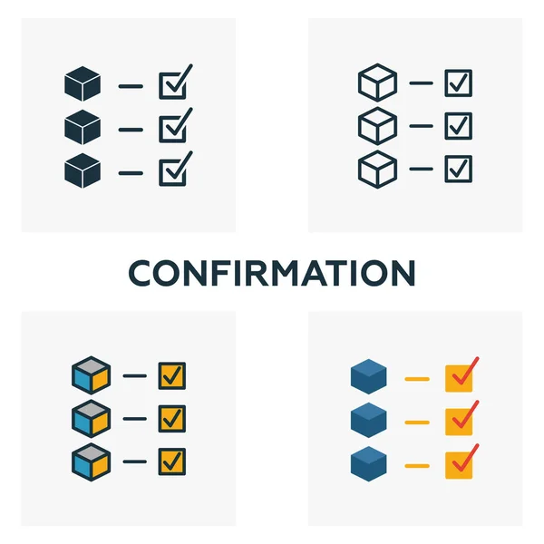 Conjunto de ícone de confirmação. Quatro elementos em estilos diferentes da coleção de ícones blockchain. Ícones criativos de confirmação preenchidos, esboço, símbolos coloridos e planos — Vetor de Stock