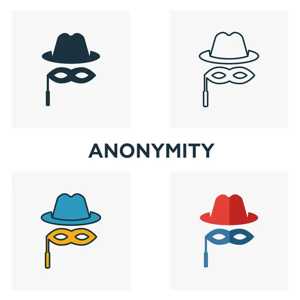 Ikona anonymity nastavena. Čtyři prvky v různých stylech z kolekce ikon blockchain. Vyplněné ikony kreativní anonymity, obrysy, barevné a ploché symboly — Stockový vektor
