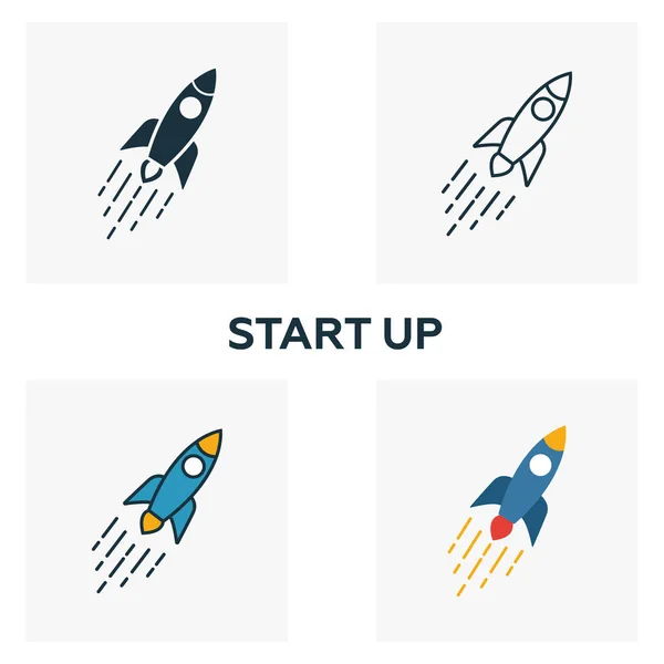 Start-Symbol gesetzt. vier Elemente in unterschiedlichen Stilen aus der Sammlung von Blockchain-Icons. Kreative Start-up-Symbole gefüllt, Umrisse, farbige und flache Symbole — Stockvektor