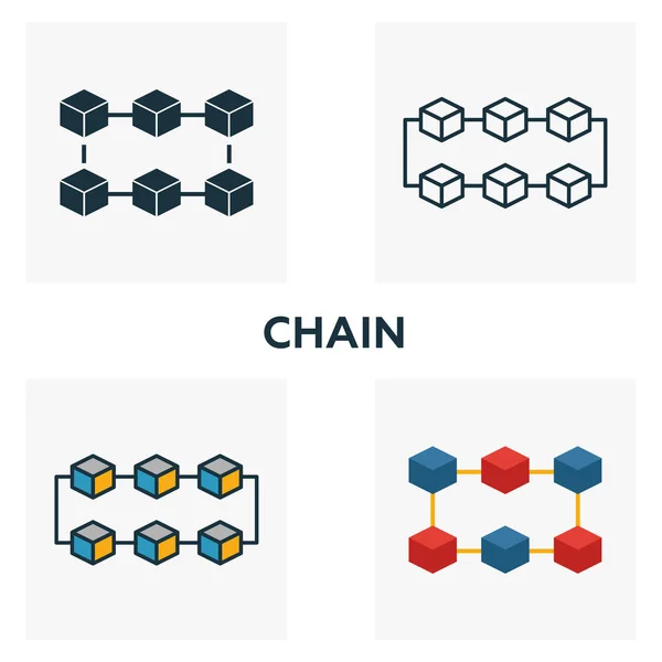 Set di icone a catena. Quattro elementi in stili diversi dalla collezione di icone blockchain. Icone catena creativa riempite, contorno, simboli colorati e piatti — Vettoriale Stock