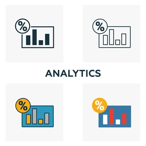 Ensemble d'icônes analytiques. Quatre éléments dans des styles différents de la collection d'icônes d'affaires. icônes Creative analytics remplis, contour, symboles colorés et plats — Image vectorielle