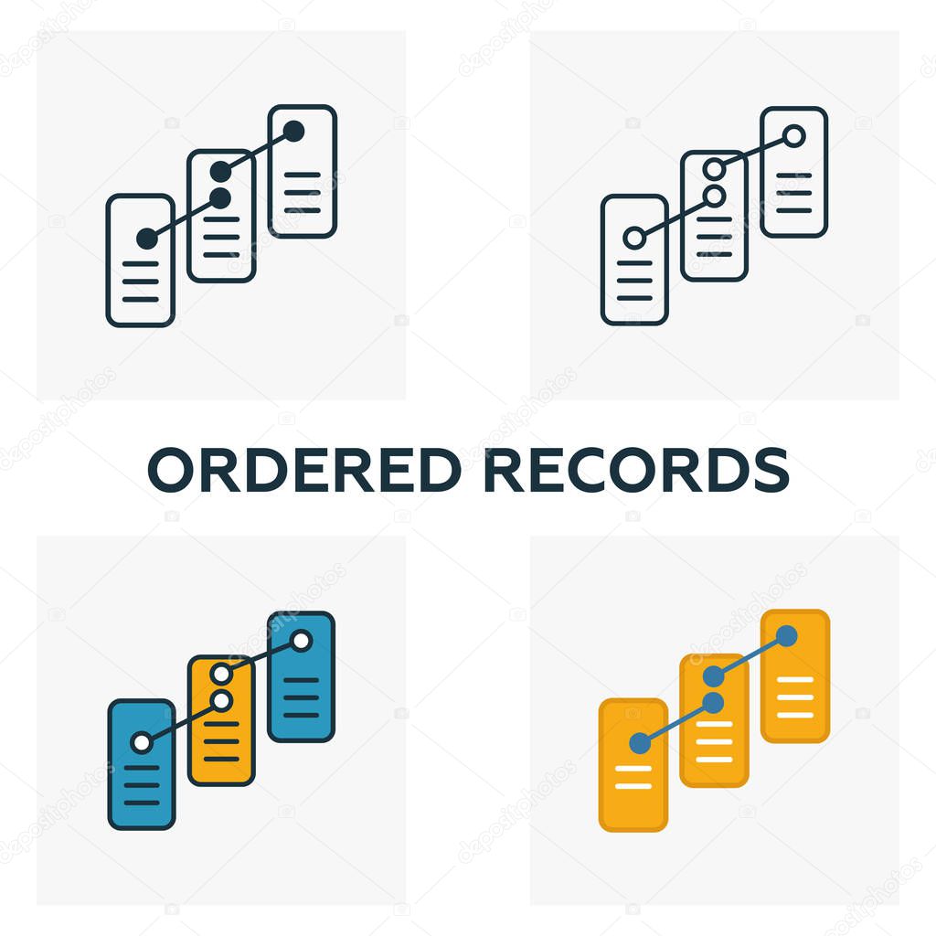 Ordered Records icon set. Four elements in diferent styles from blockchain icons collection. Creative ordered records icons filled, outline, colored and flat symbols