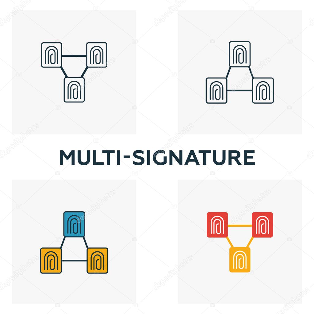Multi-Signature icon set. Four elements in diferent styles from blockchain icons collection. Creative multi-signature icons filled, outline, colored and flat symbols
