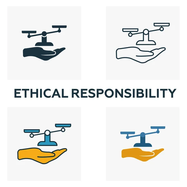 Набор значков этической ответственности. Четыре элемента в разных стилях от коллекции икон деловой этики. Иконки креативной этической ответственности заполненные, очертания, цветные и плоские символы — стоковый вектор