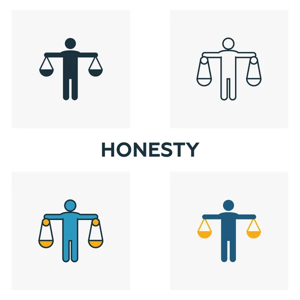 正直アイコンセット。ビジネス倫理アイコンコレクションとは異なるスタイルの4つの要素。創造的な誠実さのアイコンが記入され、アウトライン、色とフラットシンボル — ストックベクタ