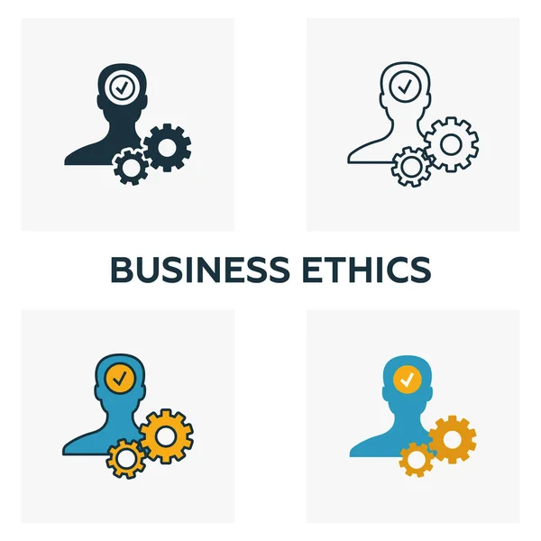 Набор значков деловой этики. Четыре элемента в разных стилях от коллекции икон деловой этики. Иконки креативной деловой этики, наброски, цветные и плоские символы — стоковый вектор