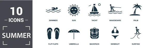 Summer icon set. Contain filled flat sun, umbrella, flip flops, palm, backpack, yacht, swimmer, wakeboard icons. Editable format